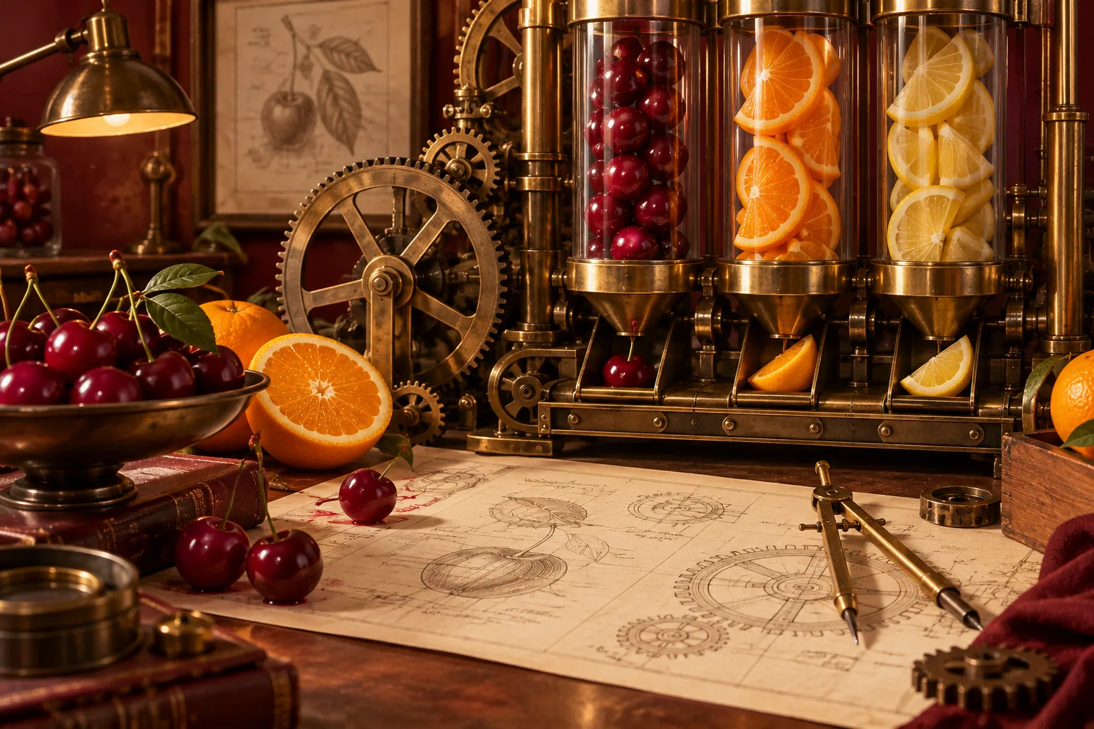 Vintage fruit mechanics workshop illustrating Fruit Party