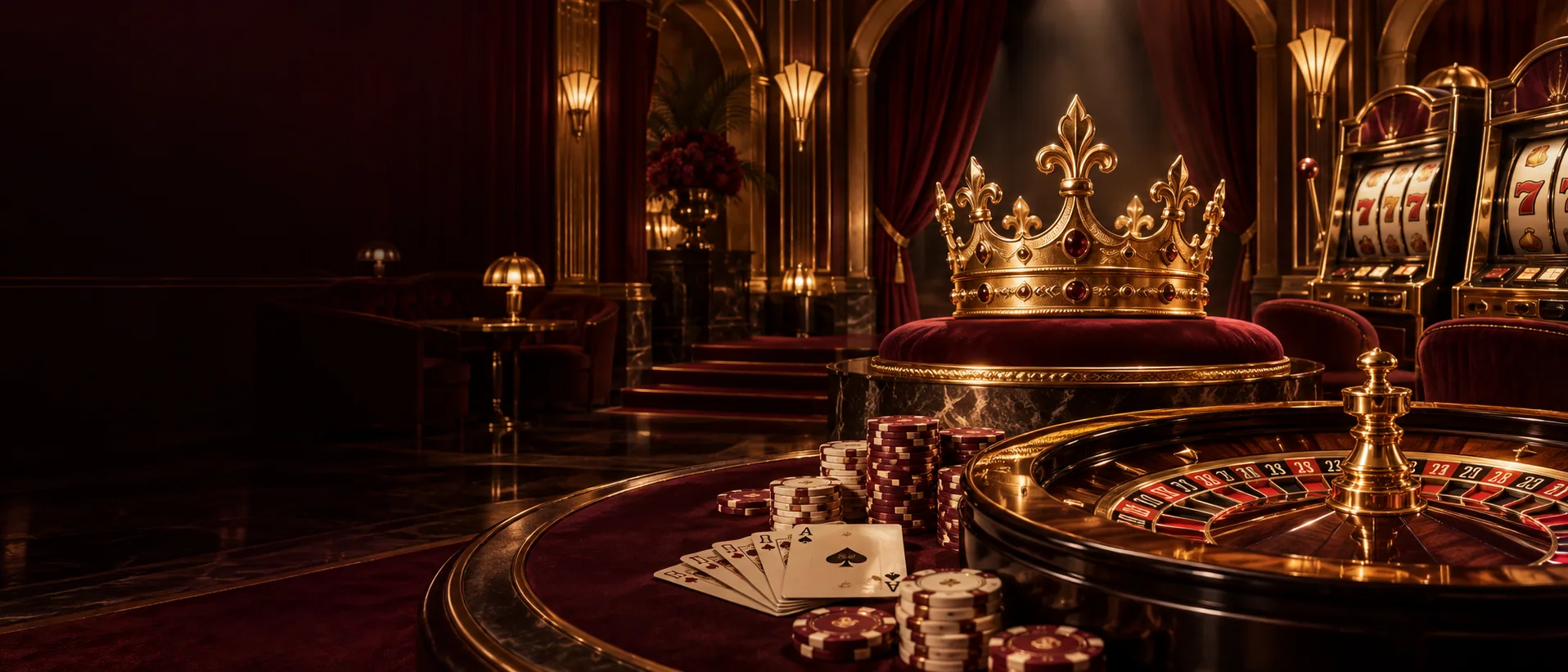 Art Deco casino salon with golden crown, roulette wheel, slot machines, cards and chips
