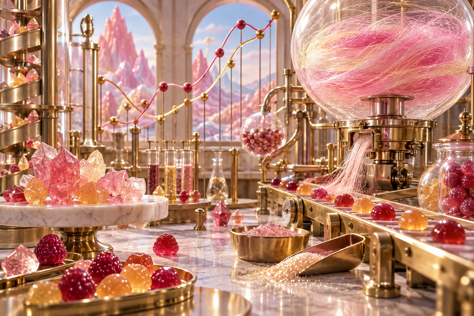 Editorial confection laboratory illustrating Sweet Bonanza mechanics